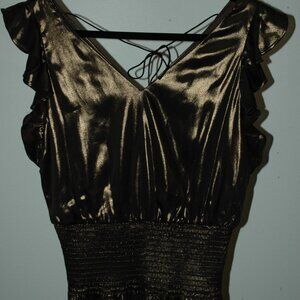 Nine West | Metallic Ruffle Crop Top | Shiny Bronze Party Blouse | Size Medium